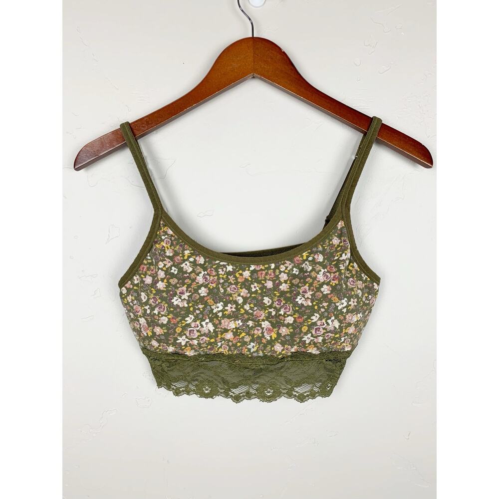 Pact Floral Bralette Bra Green Organic Cotton Lace Trim Wireless Women's M